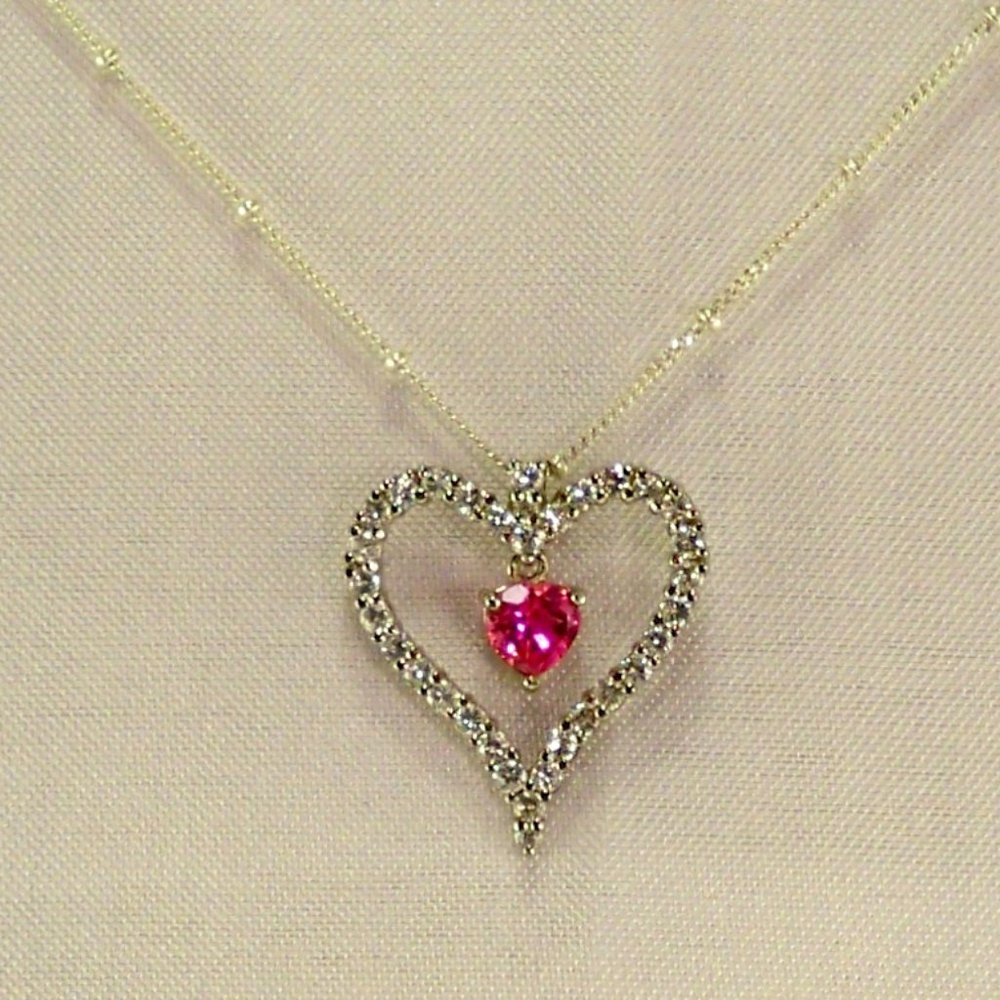NEW Red Pink Heart Dangle Cubic Zirconias Silver Vintage DESIGNER Necklace